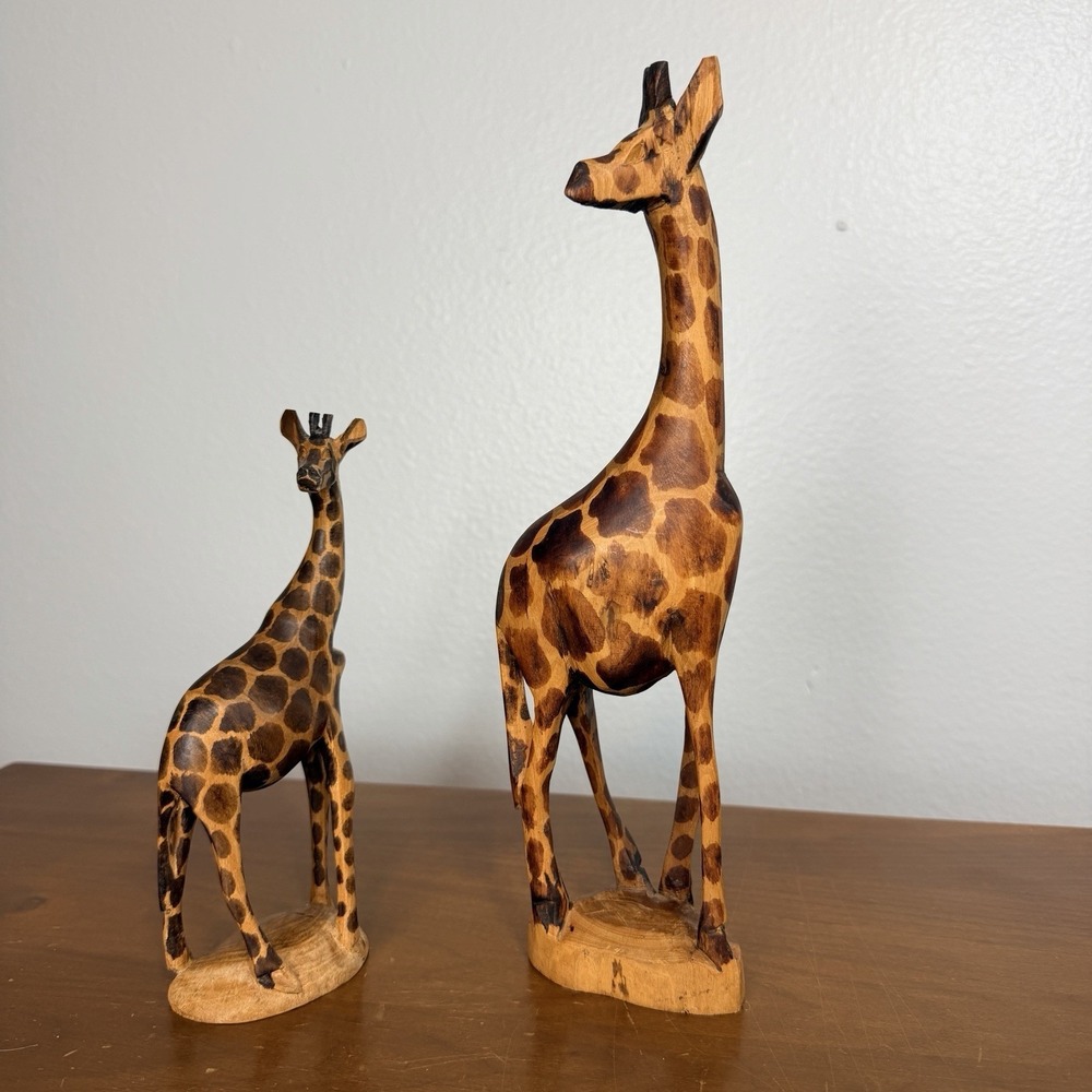 Hand Carved Wooden Giraffe Pair Safari Art Figure 12" Tall Made in Kenya
